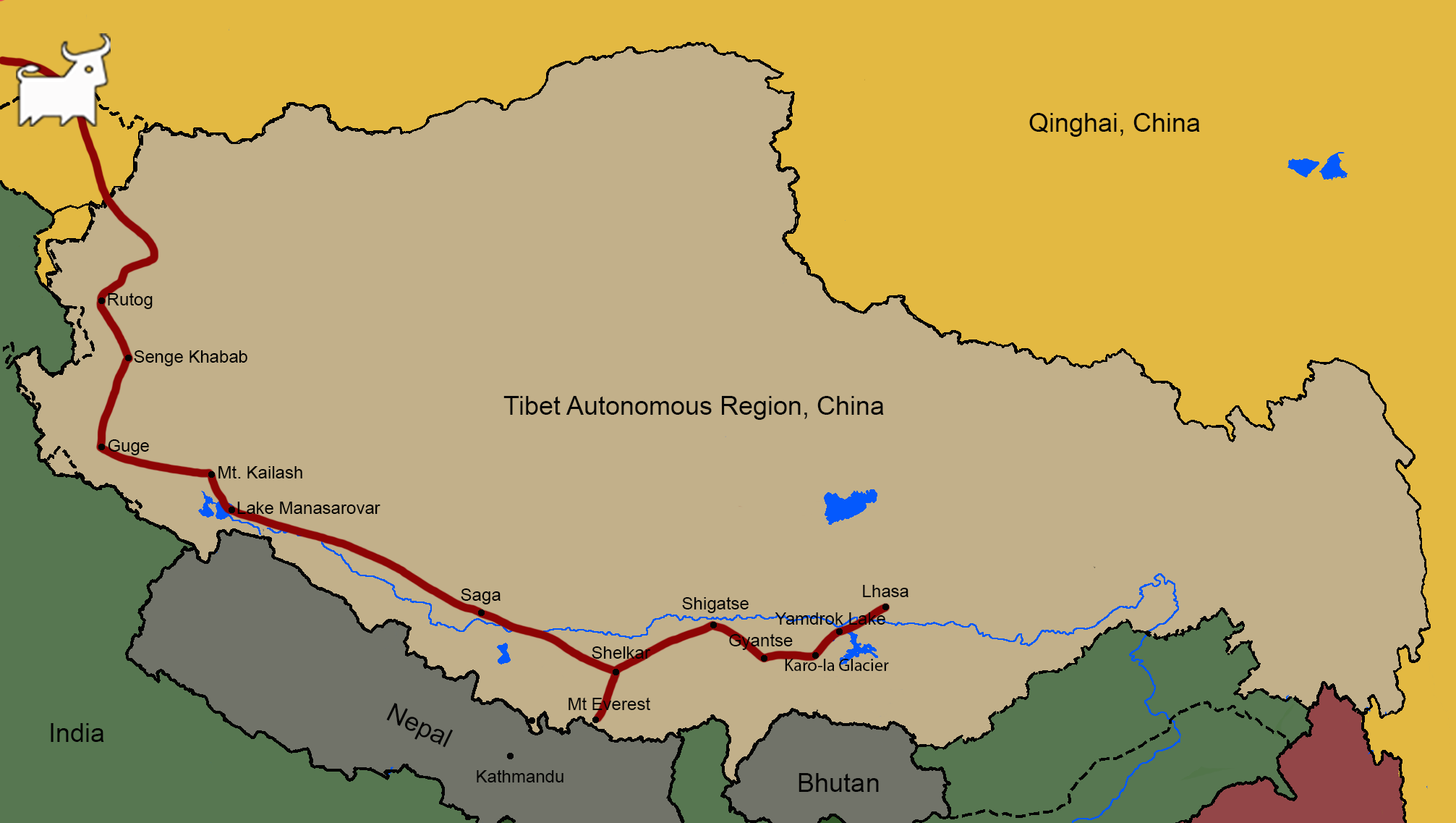 Tibet to Kashgar tour map
