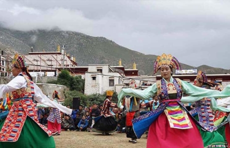 Ache Lhamo Dancing during tibetan opera performance in Drepung monastery