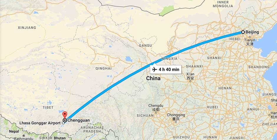 Beijing to Lhasa flight map