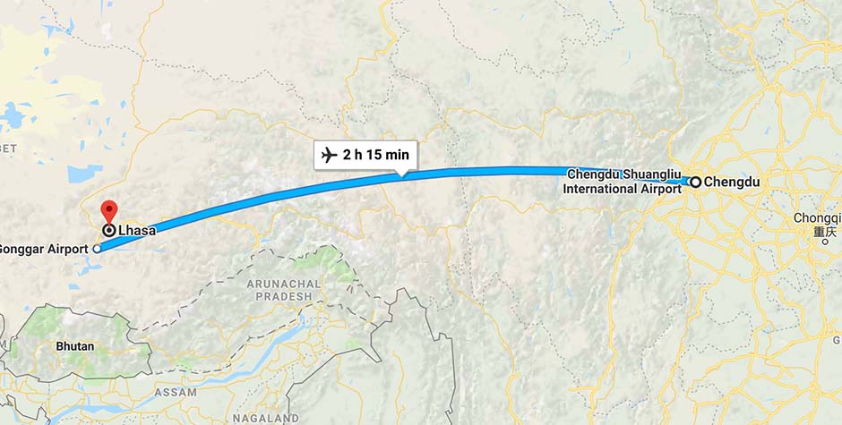 Chengdu to Lhasa flight map