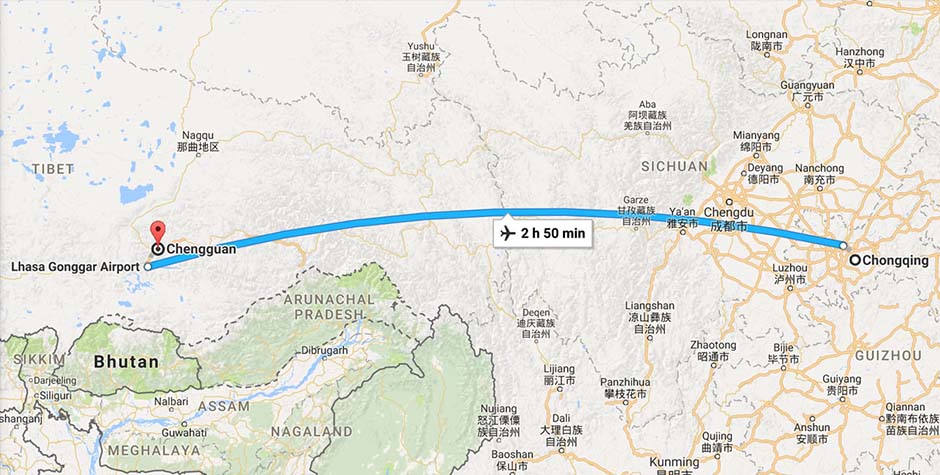 Chongqing to Lhasa flight map