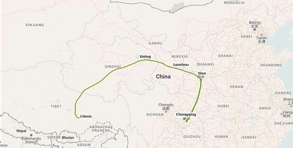 Chongqing to Lhasa train map