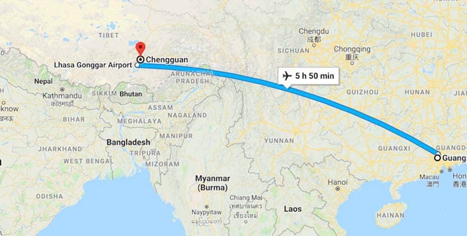 Guangzhou to Lhasa Flight Map