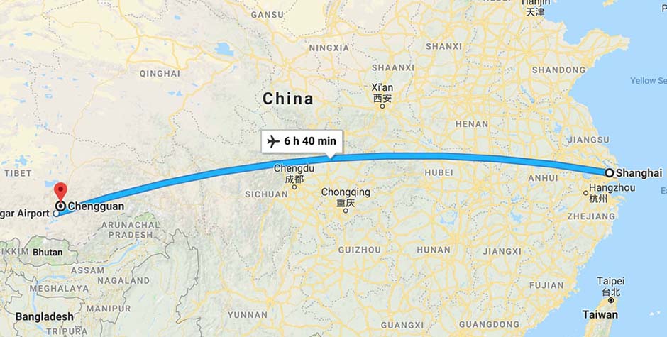 Shanghai to Lhasa flight map