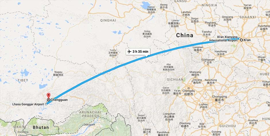 Xian to Lhasa flight map