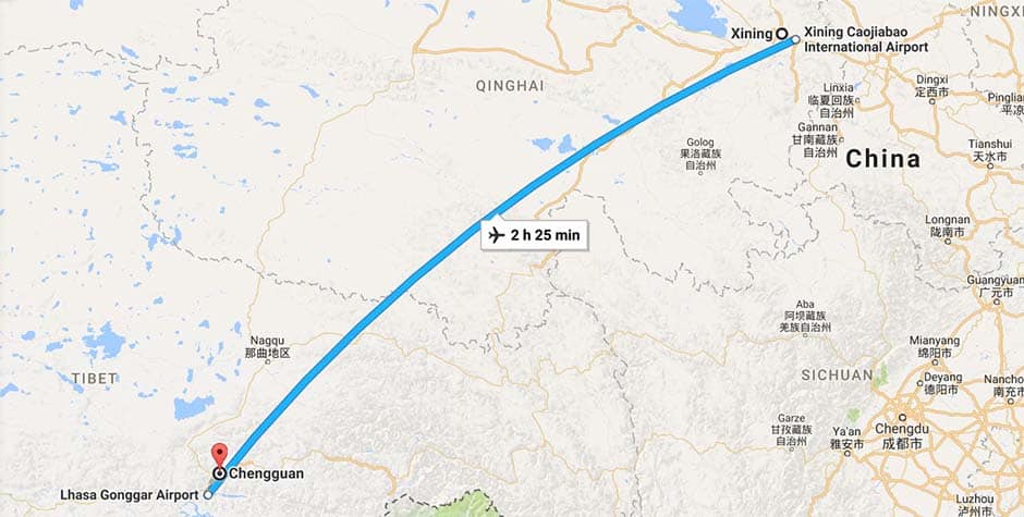 Xining to Lhasa flight map
