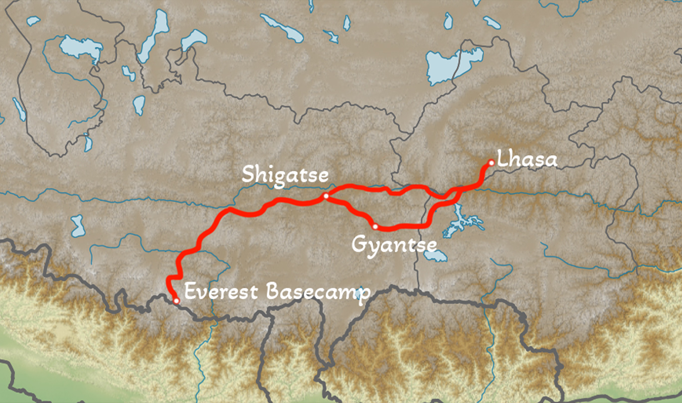 Lhasa to Everest Basecamp Group Tour map