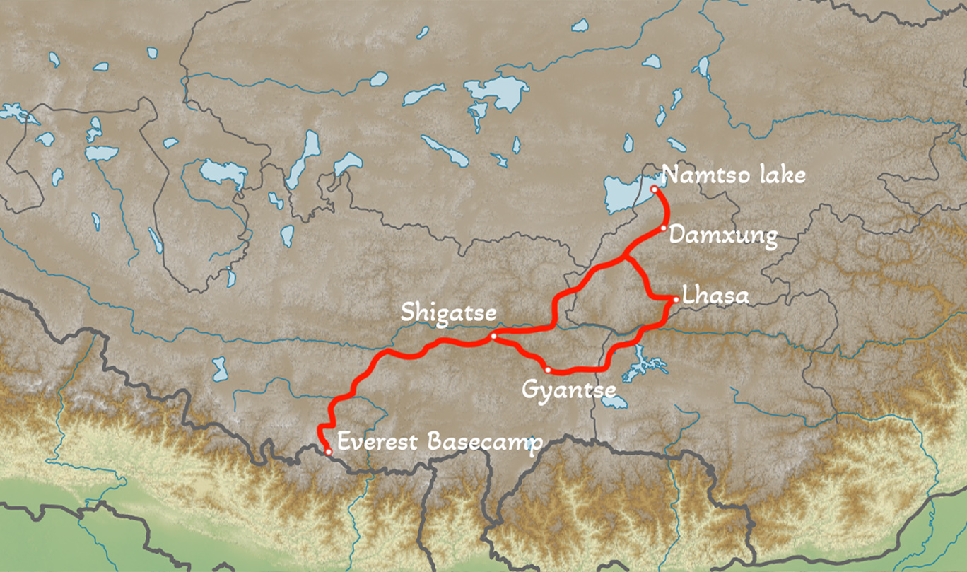 Lhasa to Everest Base Camp and Namtso Lake Tour Map