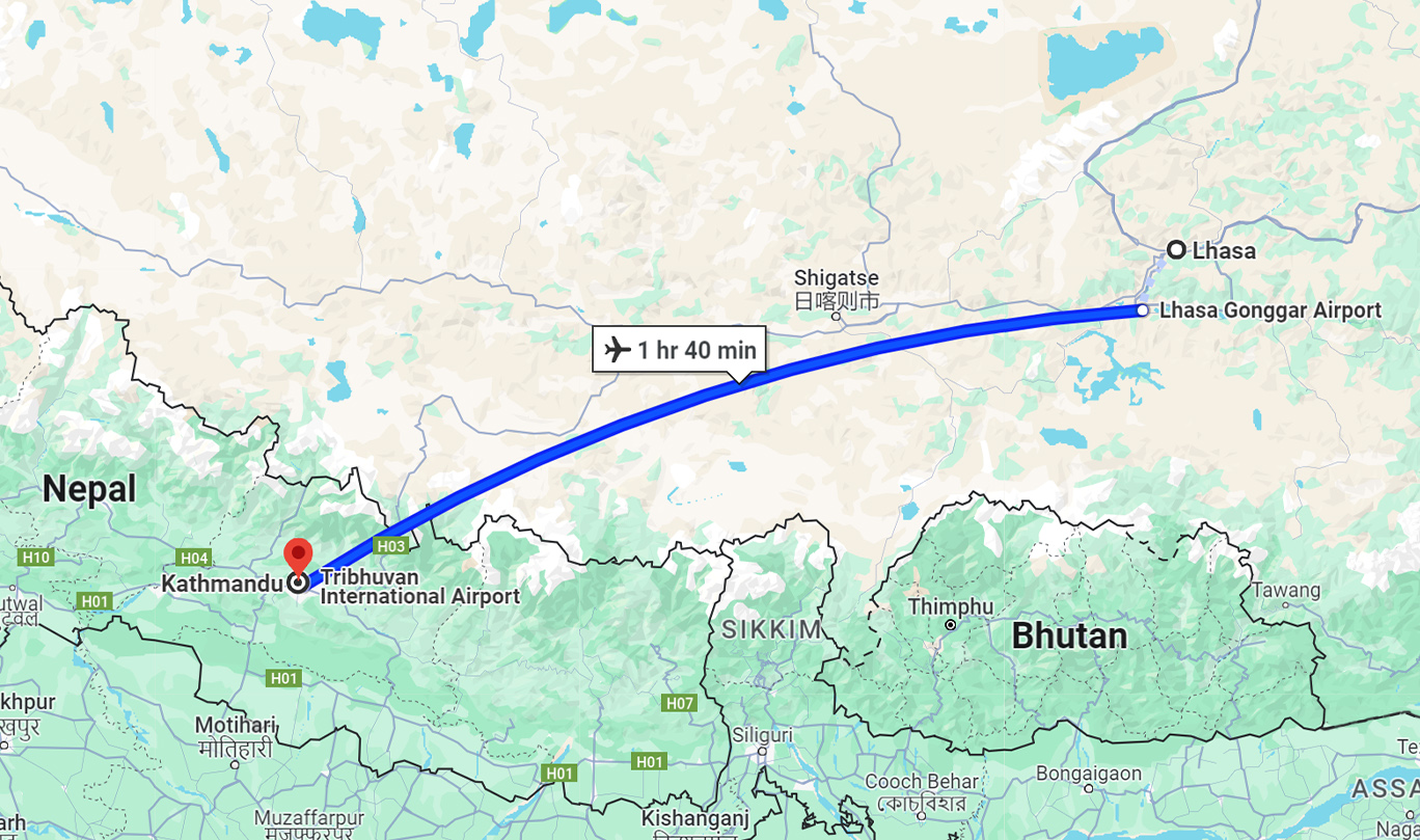 kathmandu to Lhasa flight map