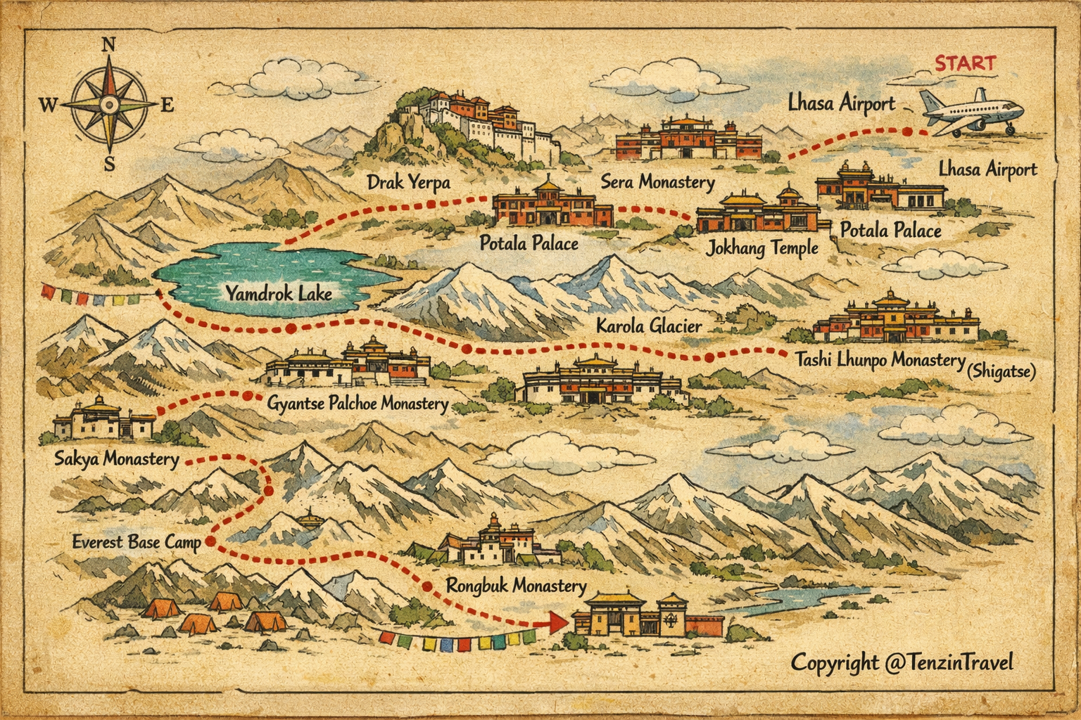 Lhasa to Kathmandu Overland Tour Map